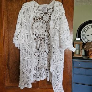 Roaman’s White Crochet Lace Cardigan M | Boho Coastal Swim Cover Up Cardigan